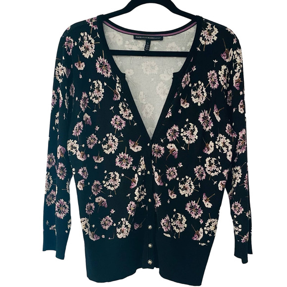 White House Black Market Sweaters - White House Black Market Cardigan Women's Large Black Floral Classic WHBM